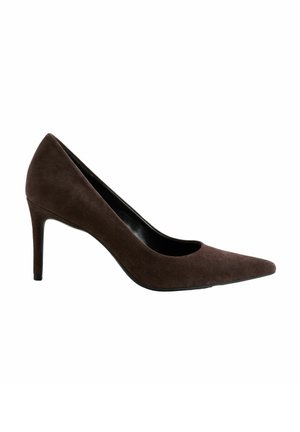 Brown suede high heel pump with a pointed toe, sleek design, and a black inner lining. Features a thin stiletto heel for added elevation.