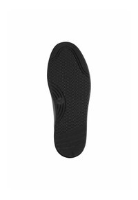 Semelle noire de chaussure avec un motif en nid d'abeille texturé et des bords lisses. Présente un logo circulaire au centre. Conçu pour l'adhérence et la durabilité.