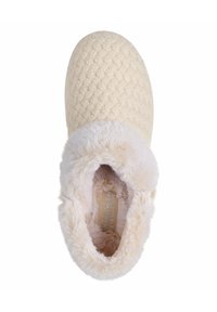 Cremefarvet hjemmesko med et struktureret vævet overdel og en fyldig foring i kunstpels. Blød memory-skum indersål for komfort. Rund tåform.