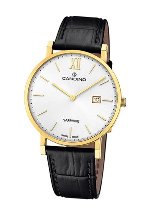 Montre CANDINO avec un cadran argenté-blanc, index heures dorés, afficheur de date et un bracelet en cuir noir avec une finition texturée.