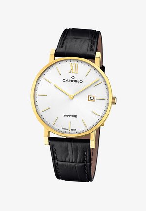 CANDINO watch with a silver-white dial, gold-tone hour markers, date display, and a black leather strap featuring a textured finish.