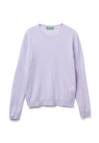 Pullover lilla realizzato in morbido tessuto a maglia, con scollatura a girocollo, maniche lunghe, polsini a coste e orlo dritto.