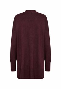 Long-sleeve burgundy knit sweater with a relaxed fit, featuring a folded collar and ribbed cuffs and hem. Textured fabric with minimal seams.