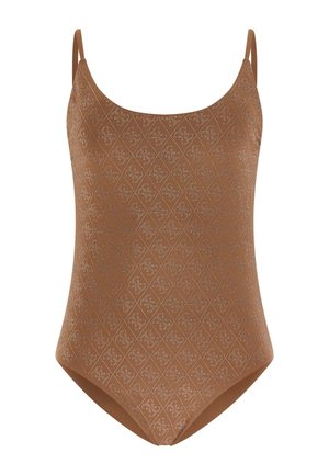 Bruine badpak in één stuk met dunne bandjes en een subtiel ruitjespatroon met kleine bloemenmotieven.