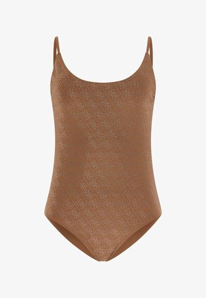 Bruine badpak in één stuk met dunne bandjes en een subtiel ruitjespatroon met kleine bloemenmotieven.