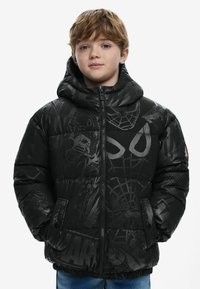 Black puffer jacket with a hood featuring spider-themed graphics, textured material, zip closure, and two front pockets.
