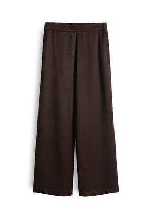 Brown wide-leg trousers made of smooth fabric, featuring an elastic waistband and two side pockets. Simple and functional design.