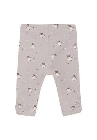 Ljuslila leggings i mjukt tyg, med ett lekfullt mönster av vita klockor med vinröda rosetter och små stjärnor. Resår vid anklarna.