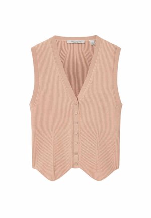 Mouwloze geribbelde gebreide spencer in lichtbeige met V-hals en knoopsluiting aan de voorkant, met een subtiel chevronpatroon en een gegolfde zoom.