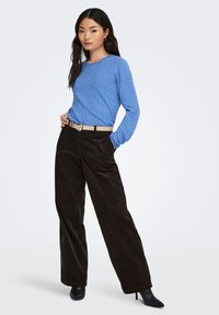 Lichtblauw shirt met lange mouwen gecombineerd met bruine corduroy broek met brede pijpen. Beige riem met zilverkleurige gesp en zwarte laarzen met hak.