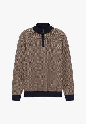 Knitted pullover with a half-zip collar, patterned in beige and navy, featuring ribbed cuffs and hem for a textured finish.