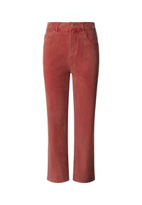 Pantalon en velours côtelé rouge à jambe droite et taille haute, avec passants de ceinture, bouton devant, fermeture éclair et cinq poches, présenté sur fond blanc.