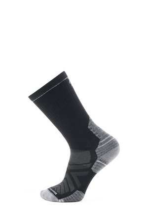 Black and gray athletic sock with a ribbed upper, reinforced heel, and zigzag pattern at the toe. Made of breathable material.