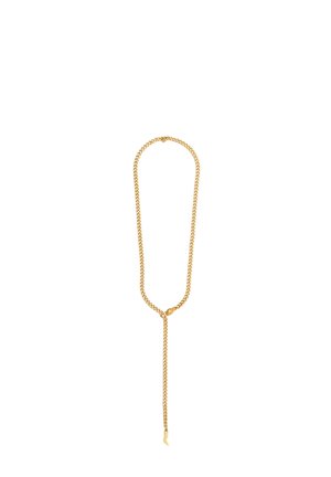 Naszyjnik wykonany z łańcuszka w kolorze złotym, z twisted designem, detalem w formie węzła oraz długą sekcją zwisającą, gładką fakturą i polerowanym wykończeniem.