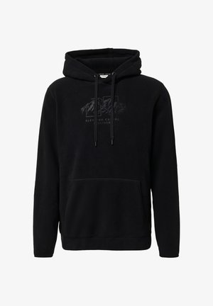 Hoodie en polaire noire avec une poche kangourou, des cordons de serrage réglables et un logo texturé sur la poitrine. Comprend des manches longues et une coupe ajustée.