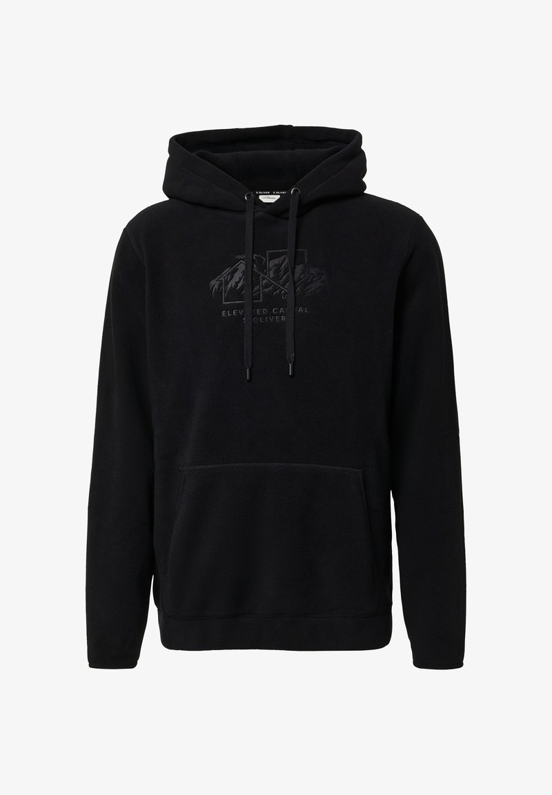Schwarzer Fleece-Hoodie mit Kängurutasche, verstellbaren Zugbändern und einem strukturierten Logo auf der Brust. Verfügt über lange Ärmel und eine enganliegende Passform.