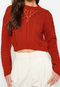 Femme portant un pull court en maille torsadée couleur rouille avec des motifs détaillés et un pantalon taille haute blanc cassé.