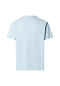 T-shirt bleu clair à manches courtes, vu de dos, avec un col rond et un design uni, de couleur unie.