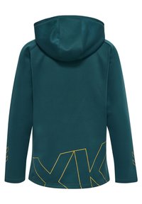 Türkise Kapuzen-Sweatshirt mit langen Ärmeln. Mit einem gelben geometrischen Muster unten links und Logo-Details am linken Ärmel. Glatte Textur.
