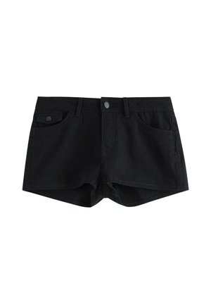 Sorte cowboyshorts med frontknap og lynlås, to forlommer og bæltestropper, vist på hvid baggrund.