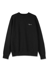 Sort sweatshirt med ribbet halsudskæring og manchetter, featuring et lille hvidt logo på brystet. Blødt stof, afslappet pasform og enkelt design.