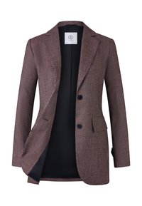 Blazer se strukturovaným designem, s kostkovaným vzorem v burgundské a bílé barvě, jednořadý, s klopami a dvěma předními kapsami.