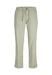 Pantalons en coton vert clair avec une coupe droite, poches avant, fermeture à bouton et une taille élastique réglable grâce à un cordon.