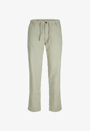 Pantalons en coton vert clair avec une coupe droite, poches avant, fermeture à bouton et une taille élastique réglable grâce à un cordon.