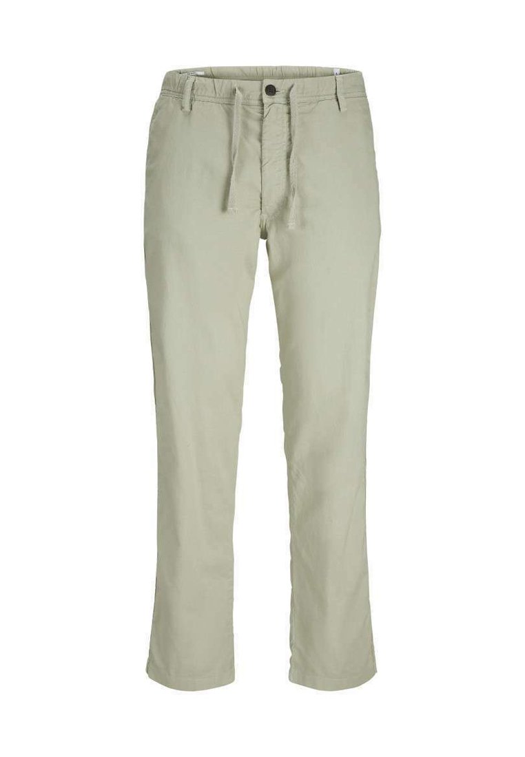 Pantalons en coton vert clair avec une coupe droite, poches avant, fermeture à bouton et une taille élastique réglable grâce à un cordon.