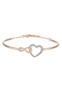 Rose gold bangle bracelet featuring an infinity design intertwined with a heart, adorned with clear crystals for sparkle. Adjustable chain closure.