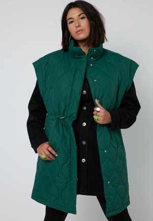 Grüne gesteppte ärmellose Weste mit hohem Kragen, schmal eingeschnürter Taille und Druckknopfverschluss. Getragen über einem schwarzen Denim-Kleid.