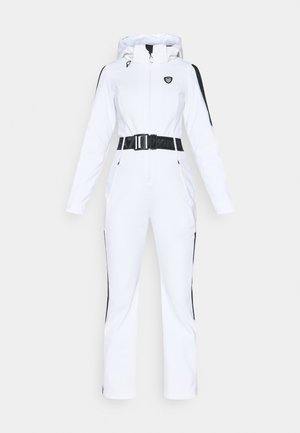 Traje de esquí blanco con cierre de cremallera y capucha ajustable. Acentos laterales negros y un cinturón ancho negro realzan el diseño ajustado. Textura suave.