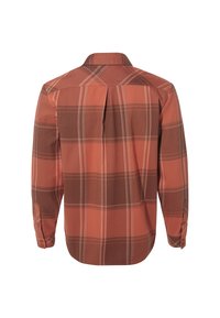 Chemise à manches longues à carreaux couleur rouille avec des rayures horizontales et verticales foncées et claires, vue de dos avec des poignets boutonnés.
