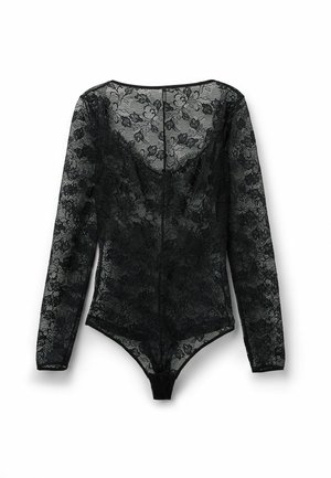 Zwarte kanten bodysuit met lange mouwen, voorzien van bloemenpatronen, een diepe halslijn en een drukknoopsluiting aan de onderkant.