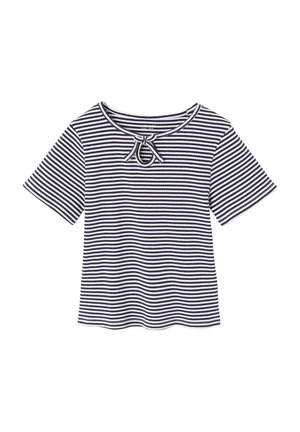 Short-sleeve black and white striped shirt with ribbed texture and small keyhole neckline tied with a bow.