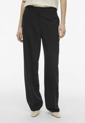 Black wide-leg trousers made of smooth fabric with front pockets, tailored waistband, and a clean, straight silhouette.
