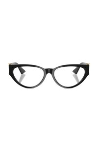 Occhiali a forma di occhi di gatto neri con lenti trasparenti, realizzati in plastica. Presentano dettagli in metallo color oro vicino alle cerniere. Finitura liscia e lucida.