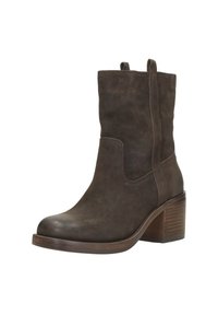 Bruine suède enkelboot met een lichtpuntige neus, elastische zijkanten en een gestapelde hak. Geweven materiaal en eenvoudig ontwerp.