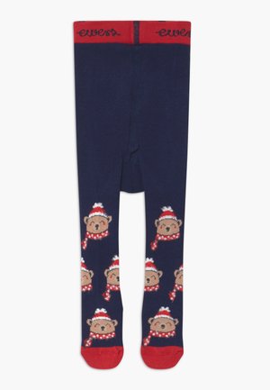Navy Kinderstrumpfhose mit einem sich wiederholenden Bärenmuster, das rote Hüte und Schals zeigt. Roter Bündchen- und Zehenakzent. Weicher, dehnbarem Stoff.
