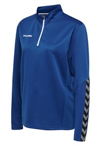 Blauwe atletische pullover met lange mouwen, witte kwartrits, hummel-logo op de borst en zwart-grijs chevronpatroon op de mouw.