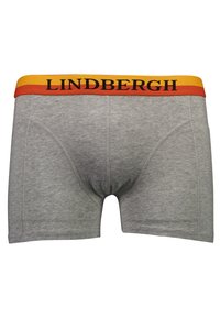 Graue Boxer-Brief mit taillierter Passform, ausgestattet mit einem gelben und roten elastischen Bund, auf dem der Text "LINDBERGH" zu sehen ist. Glatte Textur.