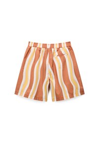 Ριγέ σορτς με πορτοκαλί, κίτρινες και λευκές αποχρώσεις. Κατασκευασμένα από ελαφρύ ύφασμα, με ελαστική μέση και πίσω τσέπη.