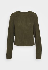 Olivgrüner, kurz geschnittener Strickpullover mit langen Ärmeln und rundem Ausschnitt. Verfügt über ein strukturiertes Muster und Seitenschlitze am Saum.