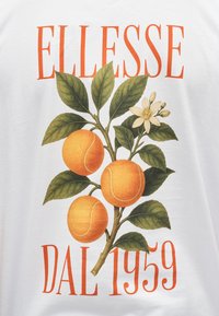 Κλαδί με πράσινα φύλλα, λευκό λουλούδι και τρεις πορτοκαλί μπάλες τένις, με την επιγραφή "ELLESSE" από πάνω και την επιγραφή "DAL 1959" από κάτω σε πορτοκαλί χρώμα.