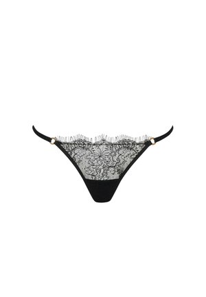 Black lace thong with floral pattern, scalloped edges, thin side straps, and small gold ring accents on a white background.