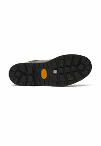 Soletta di scarpa in gomma nera con un motivo testurizzato, caratterizzata da un logo giallo e accenti arancioni. Lugs esagonali sagomati per una migliore aderenza.