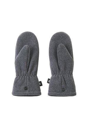 Graue Fleece-Handschuhe mit runder Form, ausgestattet mit einem gerafften Handgelenk und einem Knopfakzent zur Befestigung. Weicher Stoff mit angenehmer Wärme, ideal für kaltes Wetter.