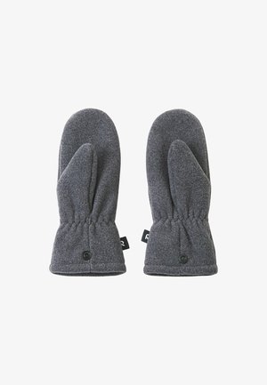 Muffole in fleece grigio con forma arrotondata, caratterizzate da un polsino arricciato e un dettaglio con bottone per la chiusura. Texture morbida e calore progettati per il freddo.