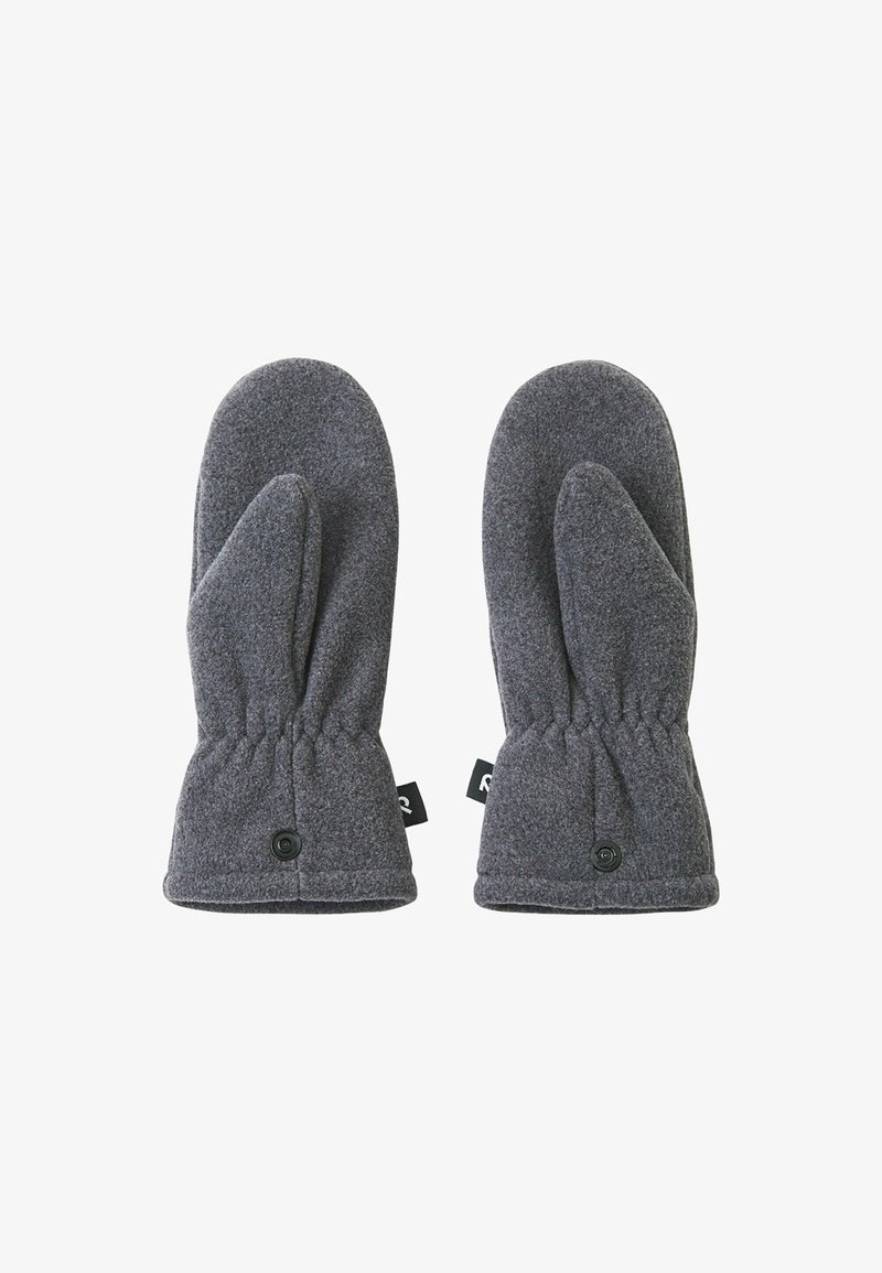 Graue Fleece-Handschuhe mit runder Form, ausgestattet mit einem gerafften Handgelenk und einem Knopfakzent zur Befestigung. Weicher Stoff mit angenehmer Wärme, ideal für kaltes Wetter.