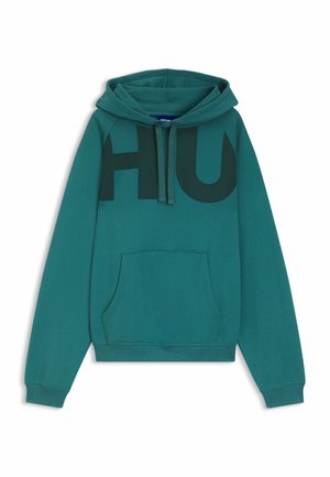 Miętowa bluza z kapturem z dużymi ciemnozielonymi literami "HU", kangurkową kieszenią z przodu i regulowanym kapturem.